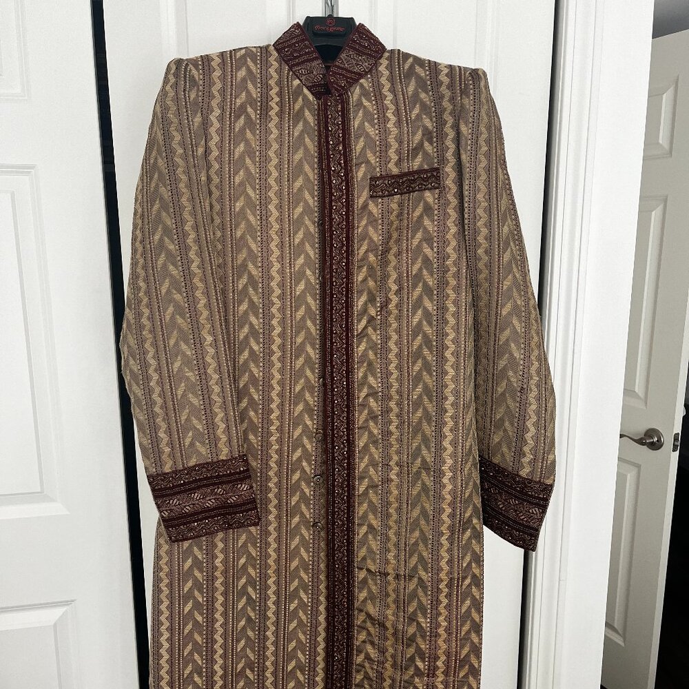 Wedding Sherwani, gold, maroon, full zari, beaded, kurta